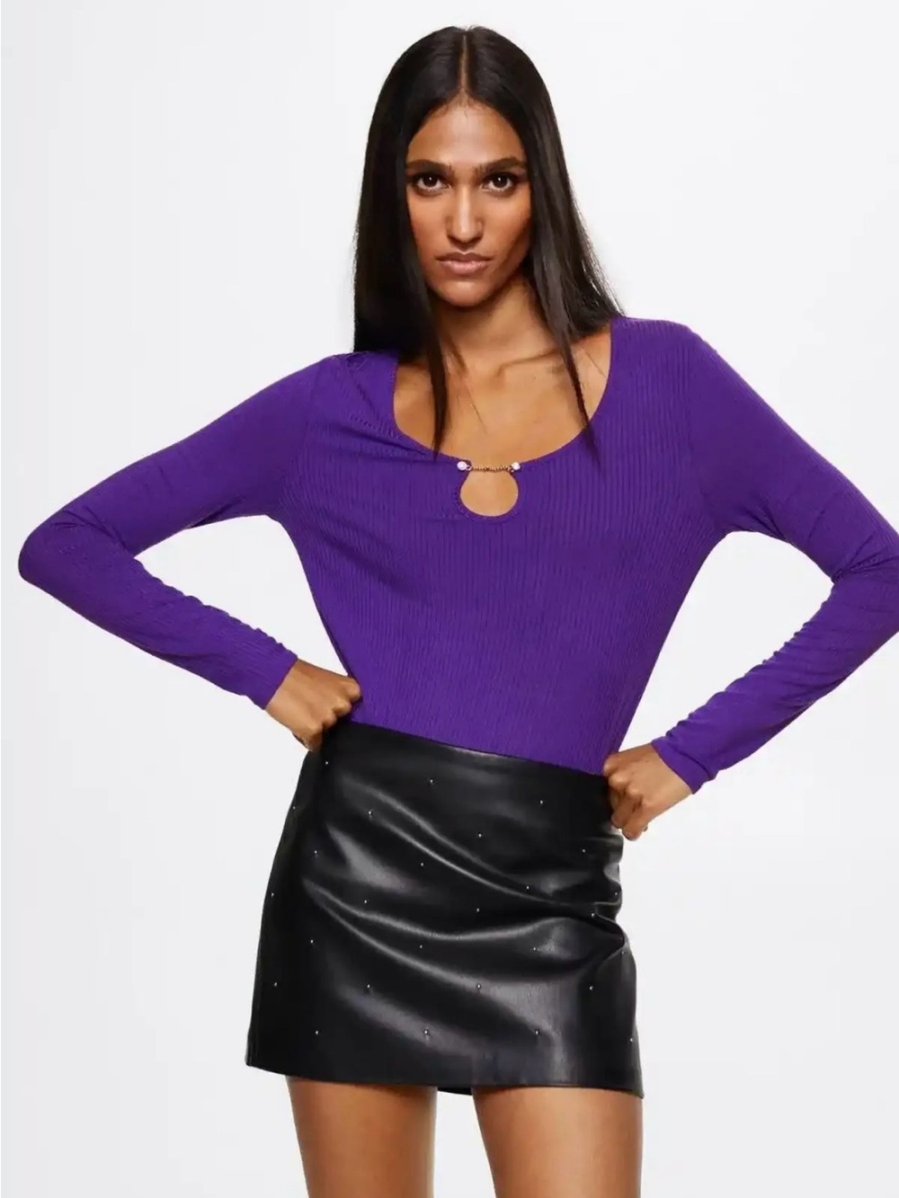 Mango Purple Ribbed Long Sleeve Top with Front Diamond Accent Keyhole Size Small